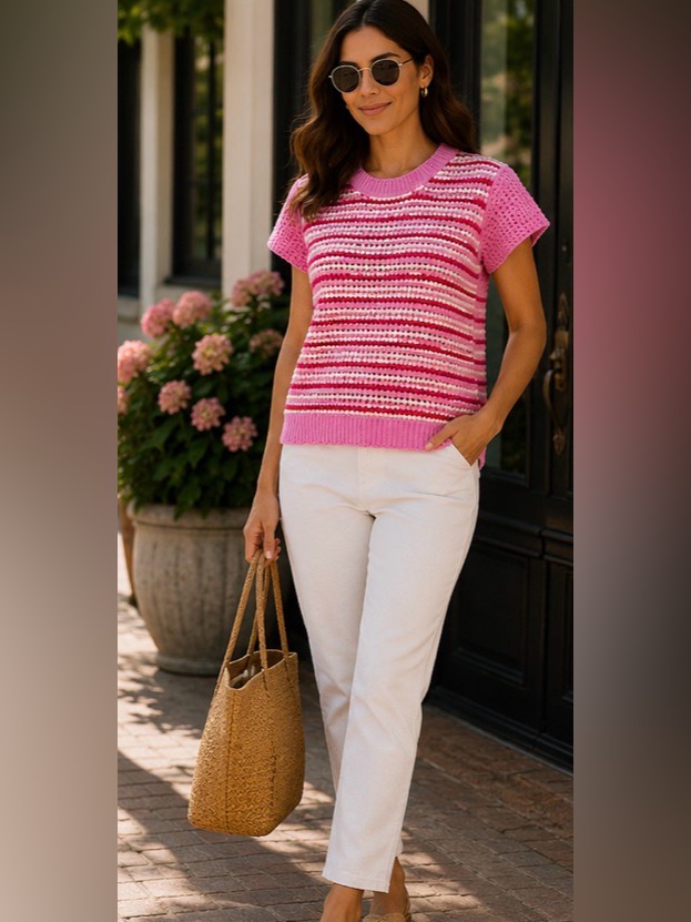 Thml Pink & White Striped Knit Short Sleeve Sweater Top